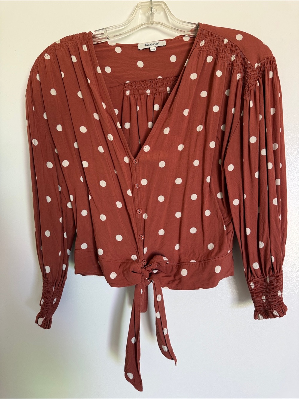 Madewell Rust Polka Dot Tie-Front Blouse
